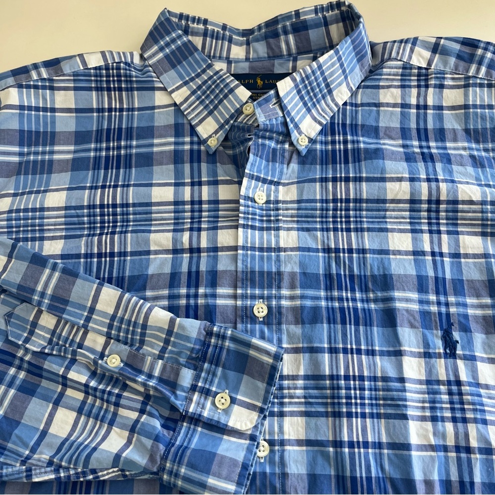 Ralph Lauren Men’s 100% Cotton Stretch Blue Plaid Long Sleeve Button Down‎ 3XLT